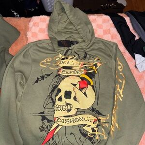 Ed Hardy Olive Hoodie with Skull Graphic